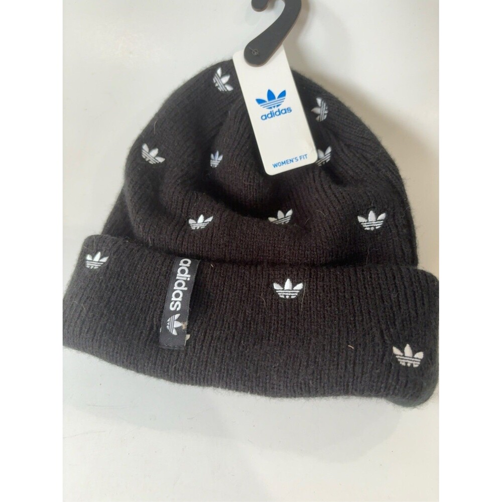 Adidas Originals Womens Trefoil Logo Beanie Black White Cuffed Knit Hat NWT